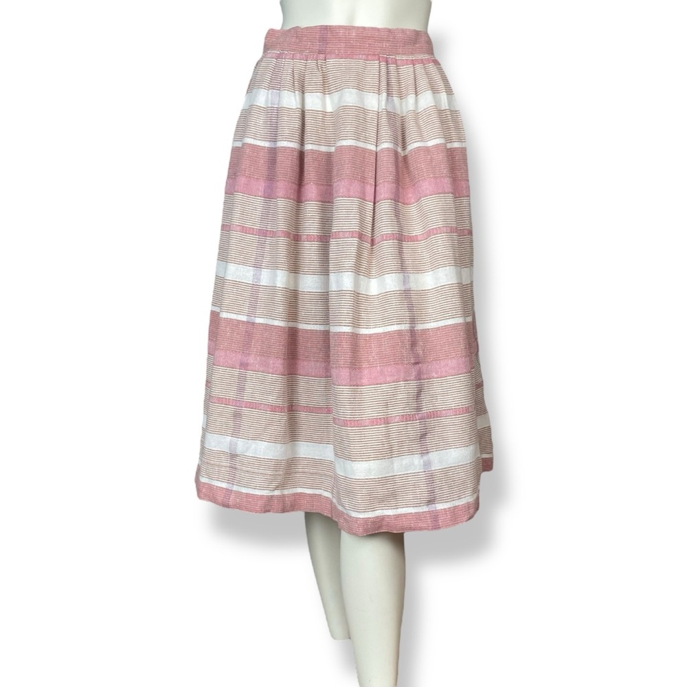 Vintage 80s Skirt Midi Stripes Pockets A-Line Pink White Retro Darts Gathered - Picture 1 of 16